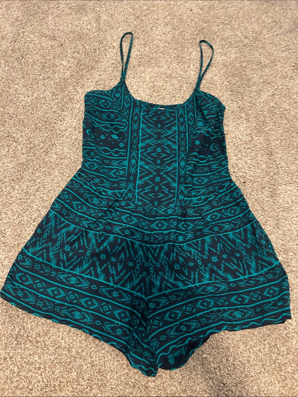 Girls Teal Patterned Spaghetti Strap One-Piece Romper